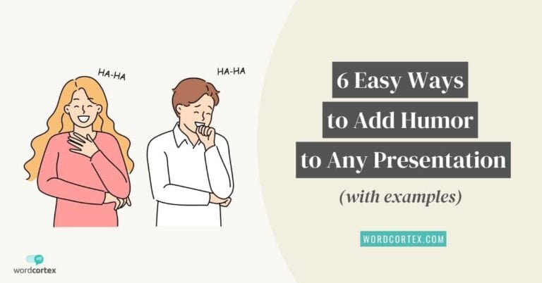 An illustration of two people in the audience laughing. Text on the right-hand side reads ‘How to Make a Presentation Funny: 6 Easy Ways with Examples’.