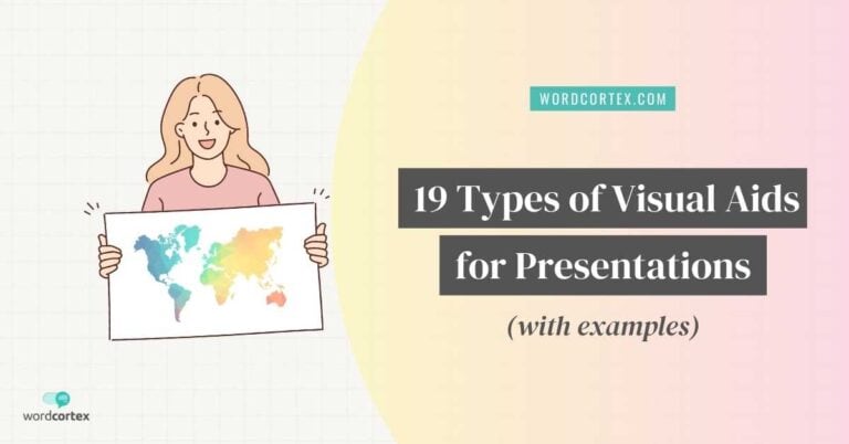 An illustration of a woman holding a printout of the world map as a visual aid for a talk. The text on the right-hand side reads, “19 Types of Visual Aids for Presentations with Examples.”