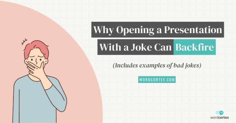 An illustration shows a man covering his mouth in panic and embarrassment as his joke falls flat during a presentation. Text on the right-hand side reads, ‘Why opening a presentation with a joke can backfire.’