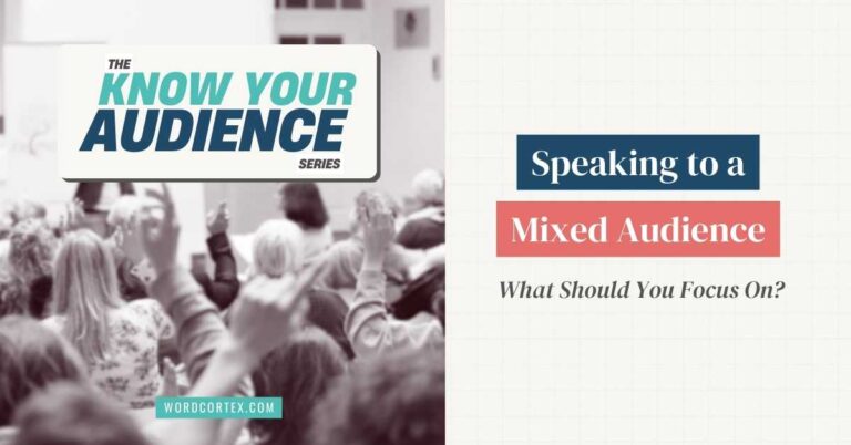 Audience members with diverse expertise and interests engage with the speaker on the left side of the image. On the right side, the text 'Speaking to a Mixed Audience: What should you focus on?' appears.