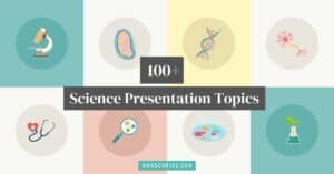 An illustration of different scientific fields, such as genetics, microbiology, plant science, cell biology, space and others appear in a grid-like format. The text, "100+ Science Presentation Topics" appears in the center.