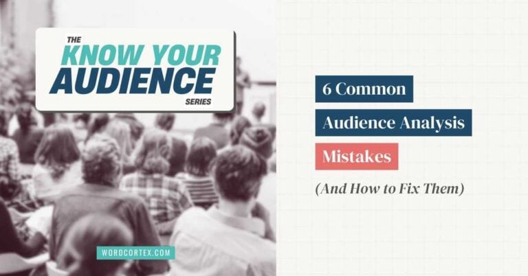 Audience members look at a speaker on the left side of the image. On the right side, the text '6 Common Audience Analysis Mistakes (And How to Fix Them)' appears.