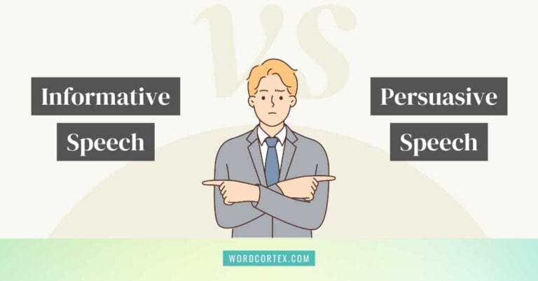 An illustration of a suited man pointing in two opposite directions at the words, 'Informative speech' and 'Persuasive speech' so as to represent informative vs persuasive speech as the content of the article.