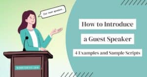 Illustration of a woman at a podium gesturing and introducing a guest speaker, with a speech bubble saying “Our next speaker...”. On the right hand side, the article title reads, “How to Introduce a Guest Speaker: 4 Examples and Sample Scripts.” The branding “wordcortex.com” is on the podium.