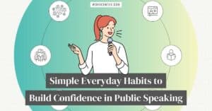Illustration of a woman delivering a speech, surrounded by icons representing reading, socializing, networking, with the title “Simple Everyday Habits to Build Confidence in Public Speaking” — promoting gradual strategies to build public speaking confidence.
