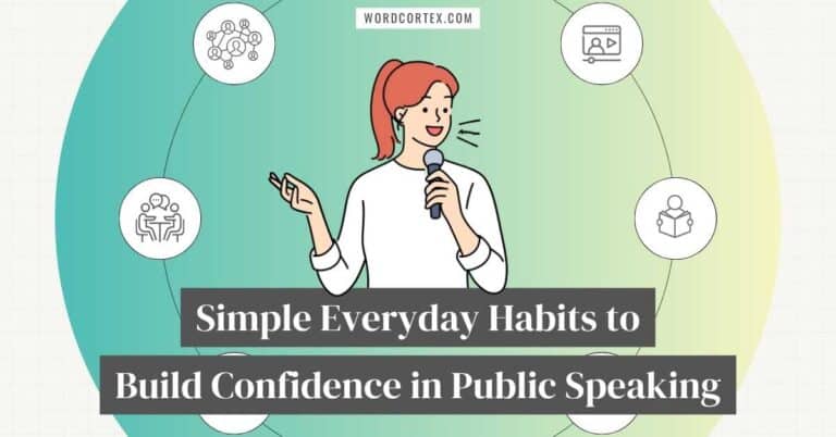 Illustration of a woman delivering a speech, surrounded by icons representing reading, socializing, networking, with the title “Simple Everyday Habits to Build Confidence in Public Speaking” — promoting gradual strategies to build public speaking confidence.