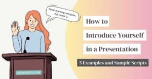 Illustration of a woman at a podium introducing herself to the audience during a presentation, with a speech bubble saying, “Good morning everyone, my name is…” The text on the right reads, “How to Introduce Yourself in a Presentation” with a subheading “5 Examples and Sample Scripts.” The background has a warm gradient in pink and yellow tones, and branding from WordCortex.com.