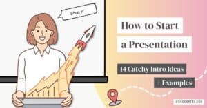 An illustration of a woman standing in front of a projector and speaking to an audience. A cartoon rocket launches from the podium, indicating a strong start for her presentation. The text on the right side reads, “How to Start a Presentation: 14 Catchy Intro Ideas and Examples.”
