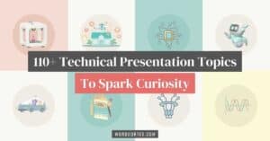 An illustration collage featuring icons for AI, robotics, data science, smart homes, 3D printing, self-driving cars, and innovation. The title in the center reads "110+ Technical Presentation Topics to Spark Curiosity".