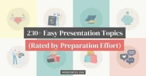 An illustrated cover image for the blog post titled, “230+ Easy Presentation Topics: Rated by Preparation Time,” containing several icons representing icons for hobbies, travel, fitness, education, lifestyle, and communication.