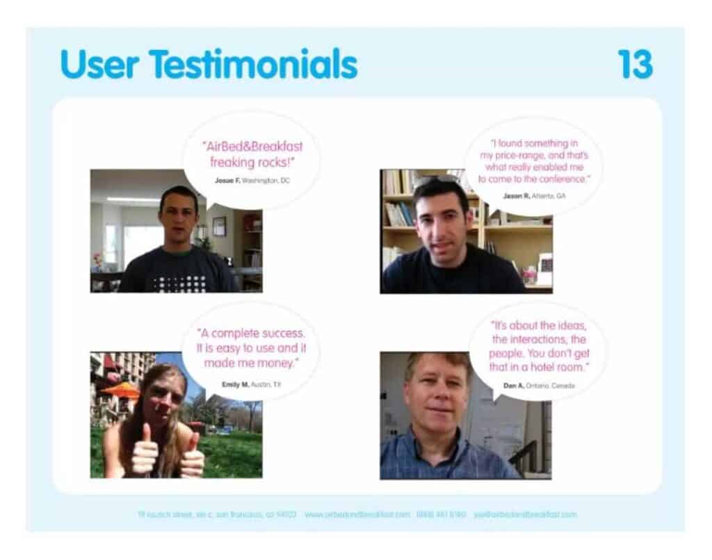 A screenshot of Airbnb's user testimonials slide from their original pitch deck. It features 4 early users and their experience using the company's service.